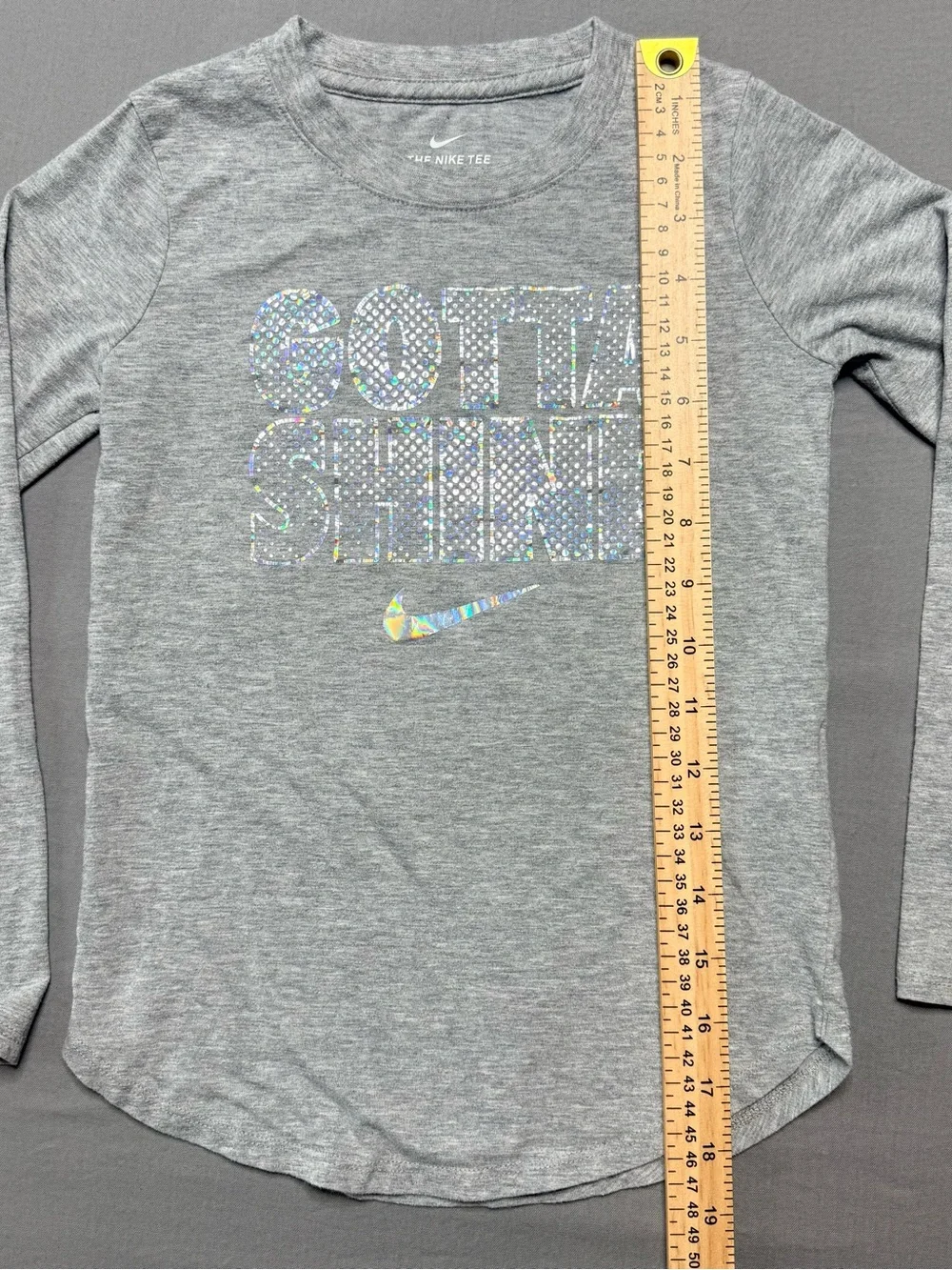 Nike Kids Long Sleeve Tee with Holographic 'Gotta Shine' Graphic - Gray